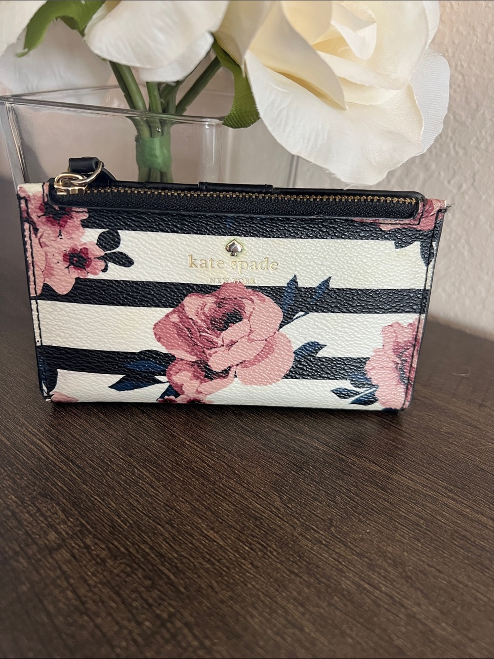 kate spade Black & White Stripe Floral Card Wallet